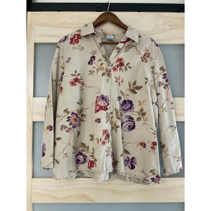 Vintage Cascade Blues Woman 1X Floral Button Down Blouse Beige Purple Red Cotton